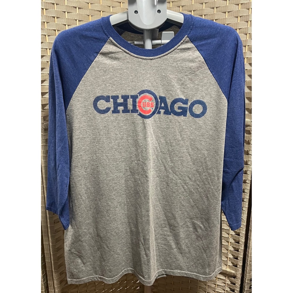 Jerzees Chicago Cubs Raglan Baseball Tee Gray Blue 3/4 Sleeve XL